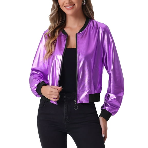 INSPIRE CHIC Women's Casual Stand Collar Metallic Zip Crop Length Bomber Jacket S Light Purples