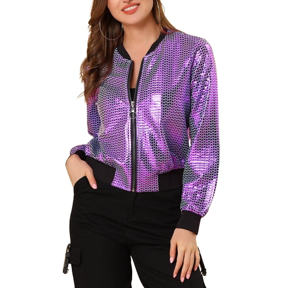 INSPIRE CHIC Women's Casual Stand Collar Metallic Zip Crop Length Bomber Jacket L Purple-1