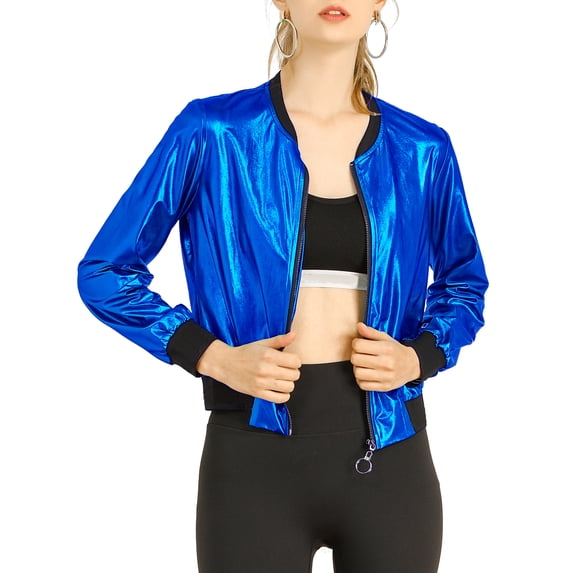 INSPIRE CHIC Women's Casual Stand Collar Metallic Zip Crop Length Bomber Jacket 3XL Blue