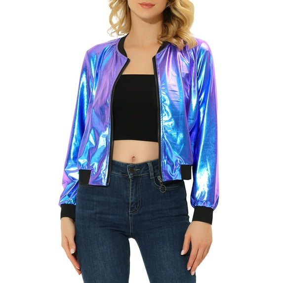 Allegra K Women's Casual Stand Collar Metallic Zip Crop Length Bomber Jacket