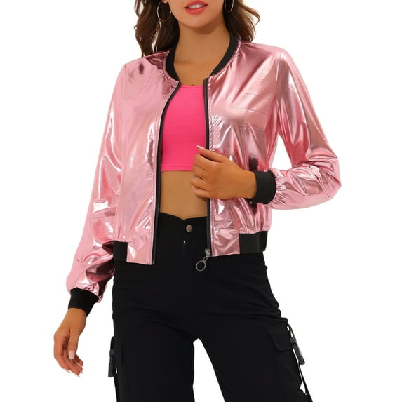 INSPIRE CHIC Women's Casual Stand Collar Metallic Zip Crop Length Bomber Jacket XL Pinks
