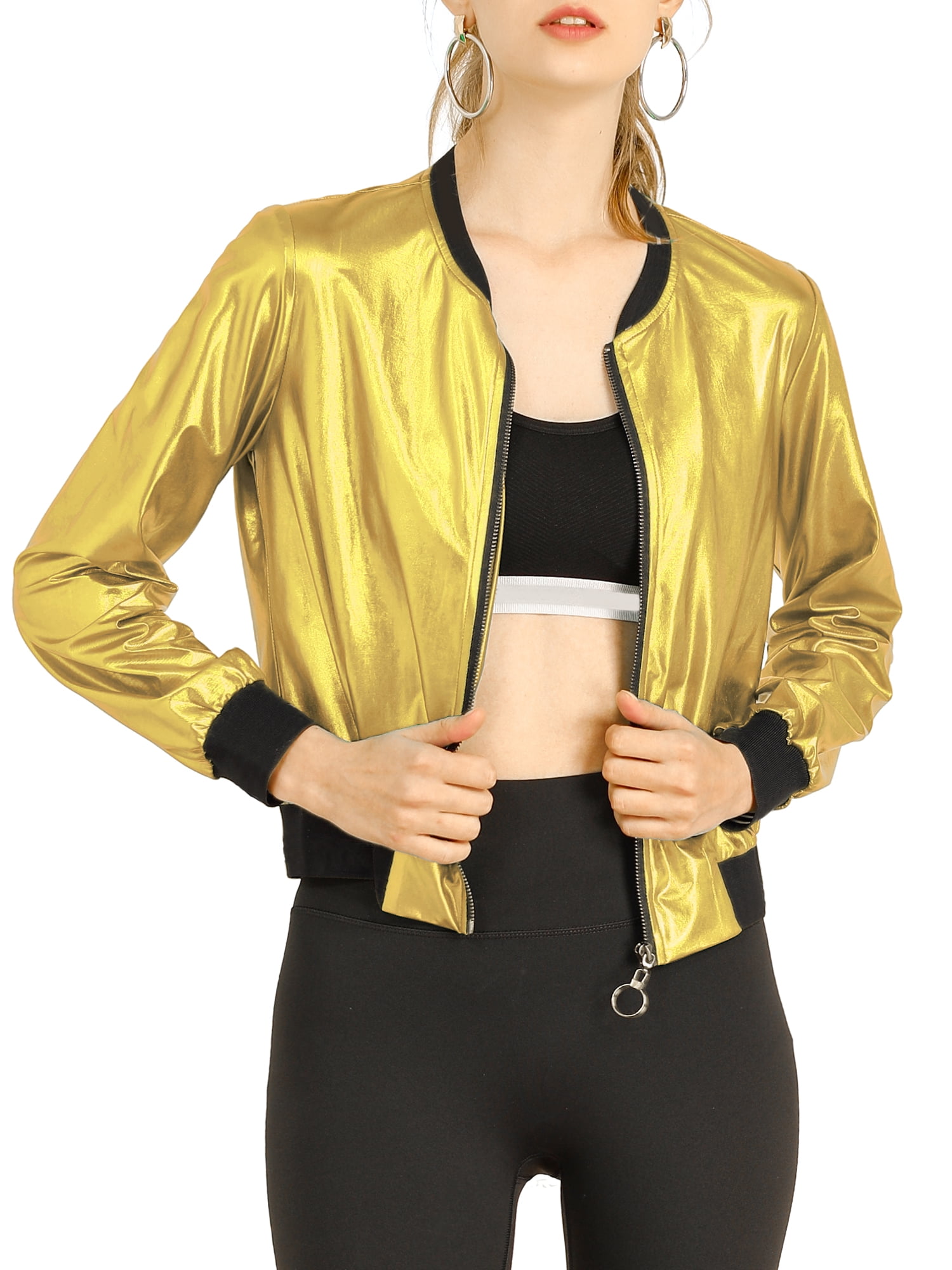 Allegra K Women's Casual Stand Collar Metallic Zip Crop Length Bomber Jacket