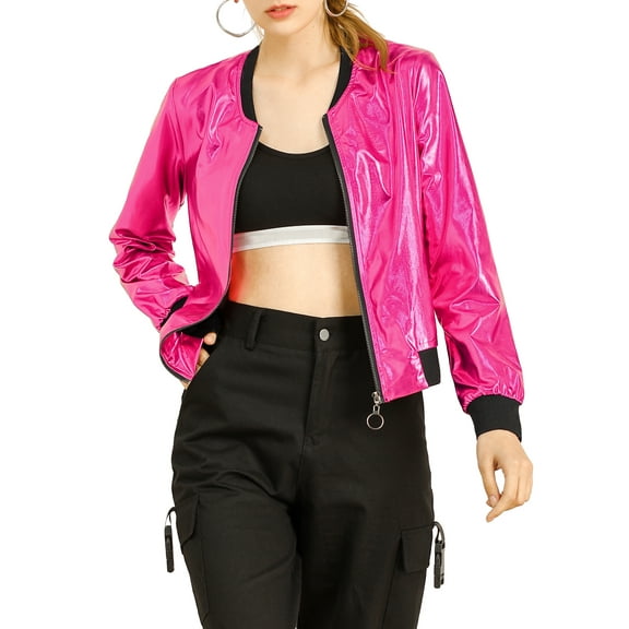 INSPIRE CHIC Women's Casual Stand Collar Metallic Zip Crop Length Bomber Jacket XS Hot Pink