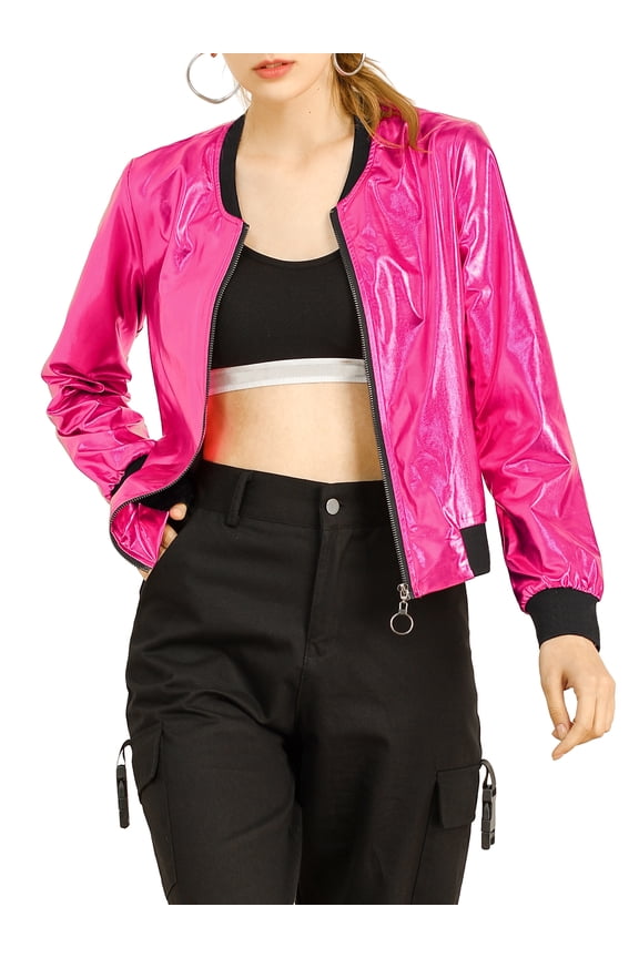 Women's Casual Stand Collar Metallic Zip Crop Length Bomber Jacket XS Hot Pink