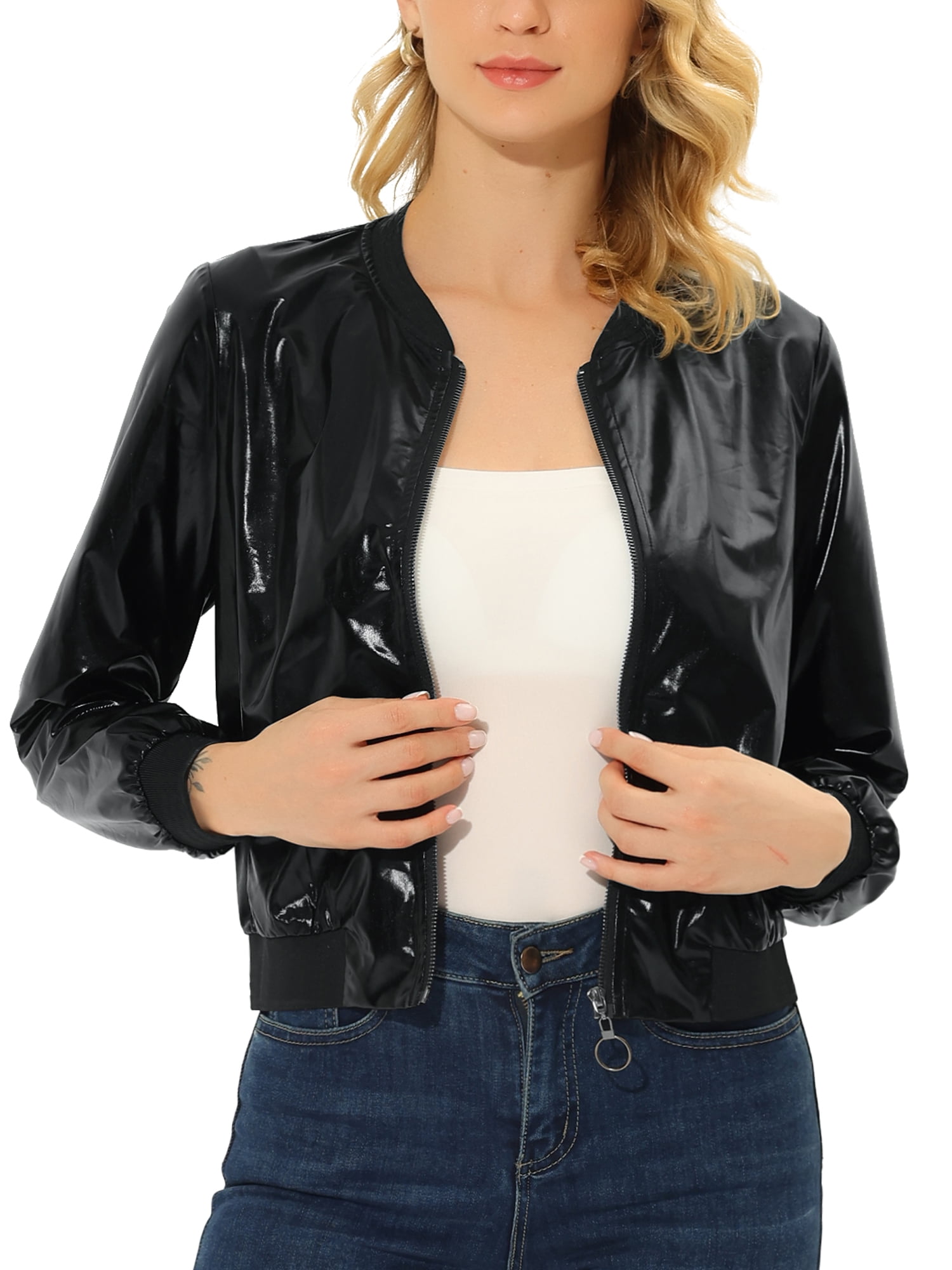 CULAX SHORT BONBERJACKET 美品 Scoop Women's Crinkle Faux Patent Leather Cropped Bomber