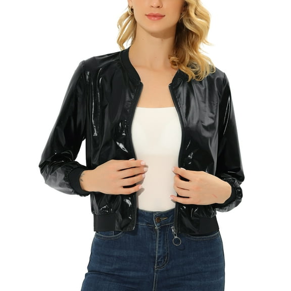 INSPIRE CHIC Women's Casual Stand Collar Metallic Zip Crop Length Bomber Jacket M Black