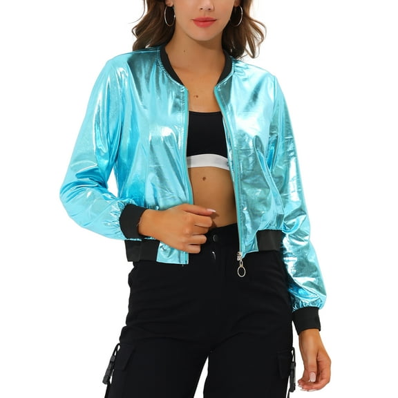 INSPIRE CHIC Women's Casual Stand Collar Metallic Zip Crop Length Bomber Jacket XS Blues