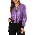thumbnail image 1 of INSPIRE CHIC Women's Casual Stand Collar Metallic Zip Crop Length Bomber Jacket M Purple-1, 1 of 9
