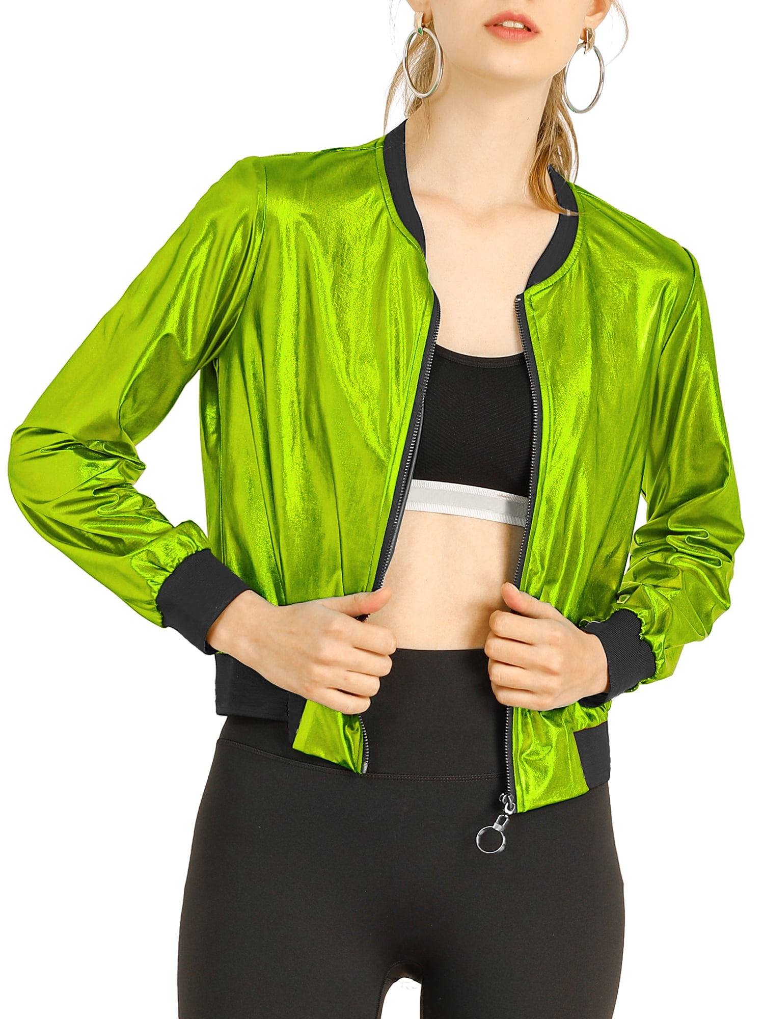 Allegra K Women's Casual Stand Collar Metallic Zip Crop Allegra K Women's Casual Stand Collar Metallic Zip Crop