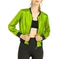 thumbnail image 1 of INSPIRE CHIC Women's Casual Stand Collar Metallic Zip Crop Length Bomber Jacket S Fluorescent Green, 1 of 9