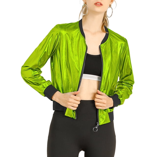 Allegra K Women's Casual Stand Collar Metallic Zip Crop Length Bomber ...