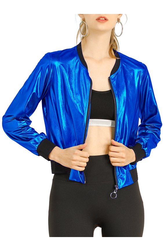 Women's Casual Stand Collar Metallic Zip Crop Length Bomber Jacket S Blue