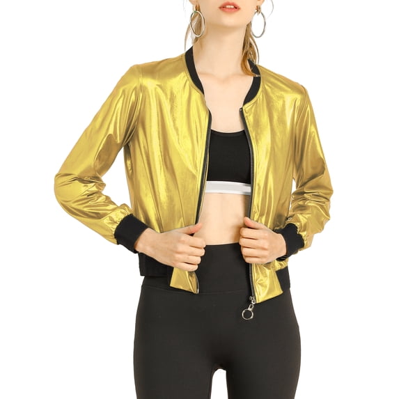 INSPIRE CHIC Women's Casual Stand Collar Metallic Zip Crop Length Bomber Jacket L Gold