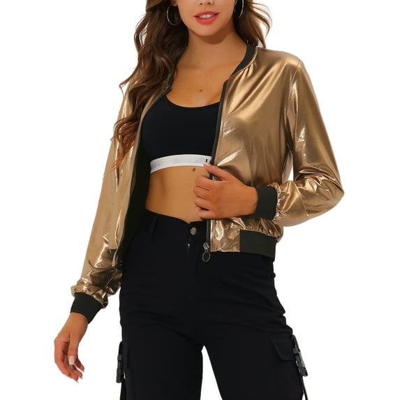INSPIRE CHIC Women's Casual Stand Collar Metallic Zip Crop Length Bomber Jacket M Golden Brown