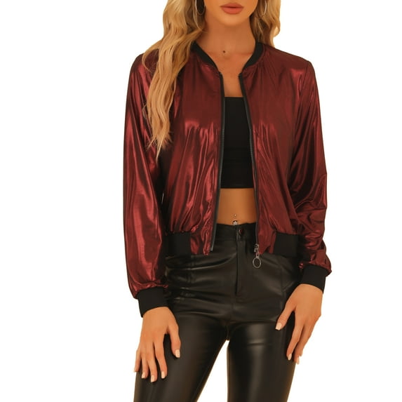INSPIRE CHIC Women's Casual Stand Collar Metallic Zip Crop Length Bomber Jacket L Red