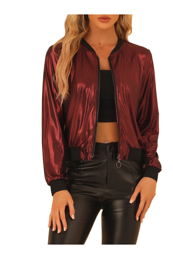 Women's Casual Stand Collar Metallic Zip Crop Length Bomber Jacket XL Red