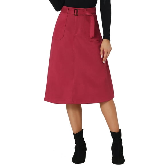 INSPIRE CHIC Women's Casual Stretchy Faux Suede Pockets A-Line Midi Skirt with Belt M Dark Red
