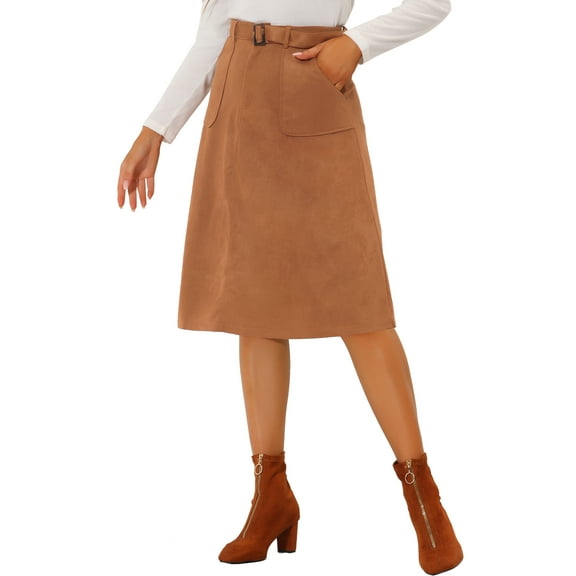 INSPIRE CHIC Women's Casual Stretchy Faux Suede Pockets A-Line Midi Skirt with Belt XL Caramel