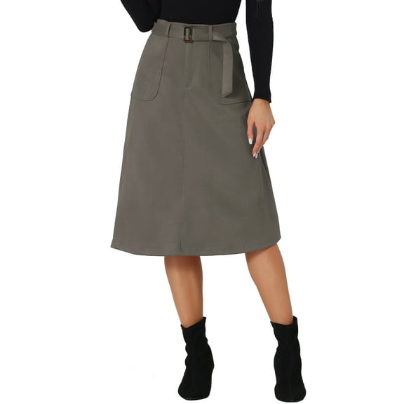 INSPIRE CHIC Women's Casual Stretchy Faux Suede Pockets A-Line Midi Skirt with Belt XS Dark Grey