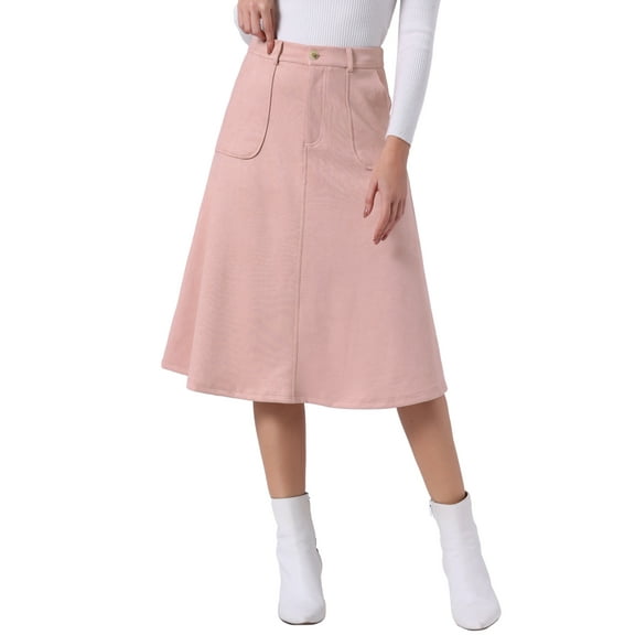 INSPIRE CHIC Women's Casual Stretchy Faux Suede Pockets A-Line Midi Skirt with Belt XS Pink