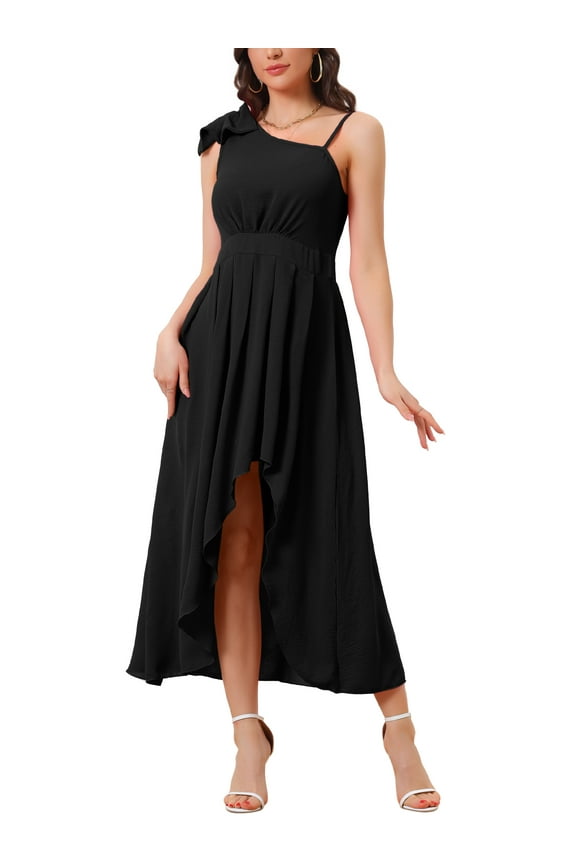 Women's Casual Summer Irregular Hem Sleeveless Spaghetti Strap Pleated Flowy Dress Black S