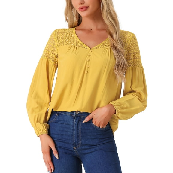 INSPIRE CHIC Women's Casual Summer Lace Panel V Neck Long Sleeve Blouses S Yellow