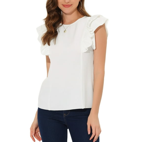 INSPIRE CHIC Women's Casual Summer Round Neck Cap Sleeve Blouse M White
