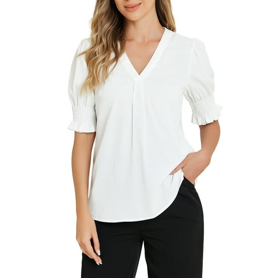 Allegra K Women's Casual Summer V Neck Short Bubble Sleeve Blouses L White