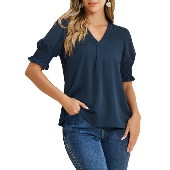 INSPIRE CHIC Women's Casual Summer V Neck Short Bubble Sleeve Blouses XS Dark Blue