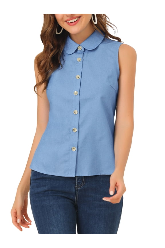 Women's Casual Tank Top Sleeveless Peter Pan Collar Chambray Shirt XL Blue