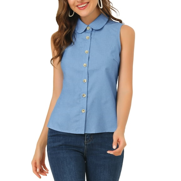 INSPIRE CHIC Women's Casual Tank Top Sleeveless Peter Pan Collar Chambray Shirt XL Blue