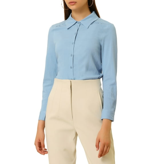 INSPIRE CHIC Women's Long Sleeve Collared Work Office Career Blouse Button up Shirt Blue S