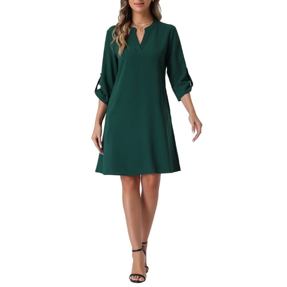 INSPIRE CHIC Women's Casual V Neck Roll-Up Sleeve Tunic Beach Cover Up Shift Dress