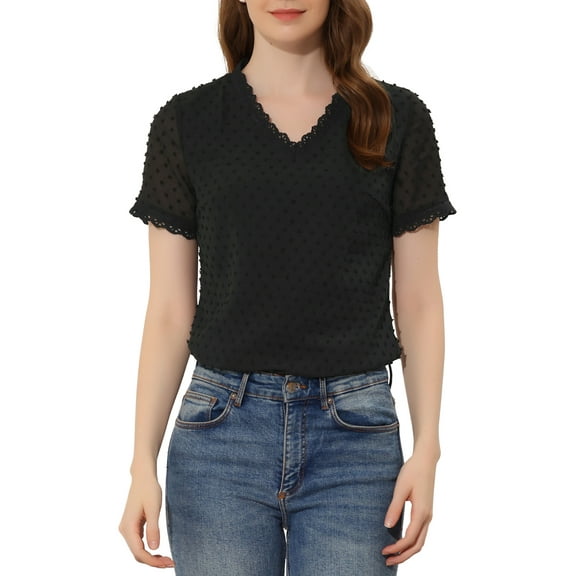 INSPIRE CHIC Women's Casual V Neck Short Sleeve Semi Sheer Swiss Dots Blouse Top S Black