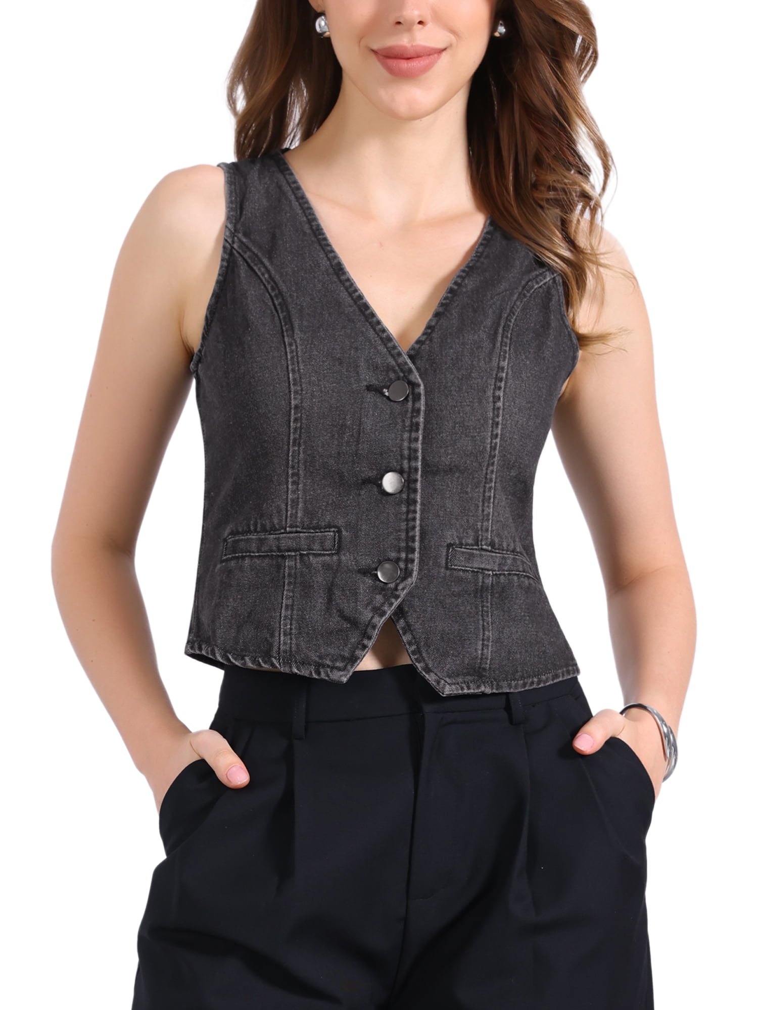 PLUS V NECK SLEEVELESS BUTTON DOWN DENIM VEST (PRE-ORDER)
