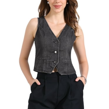 INSPIRE CHIC Women's Casual V Neck Sleeveless Button Down Washed Denim Vest Jacket