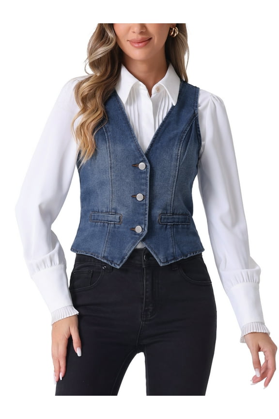 Women's Denim Vest V Neck Button Down Casual Jean Waistcoat Sleeveless Jakcet L Blue