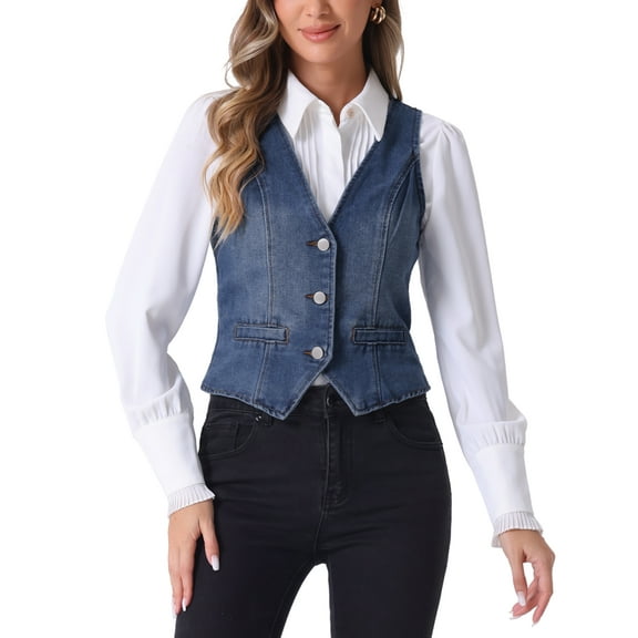 INSPIRE CHIC Women's Denim Vest V Neck Button Down Casual Jean Waistcoat Sleeveless Jakcet S Blue