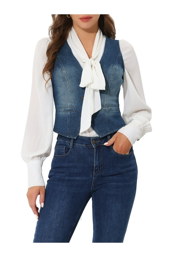 Women's Denim Vest V Neck Button Down Casual Jean Waistcoat Sleeveless Jakcet S Dark Blue