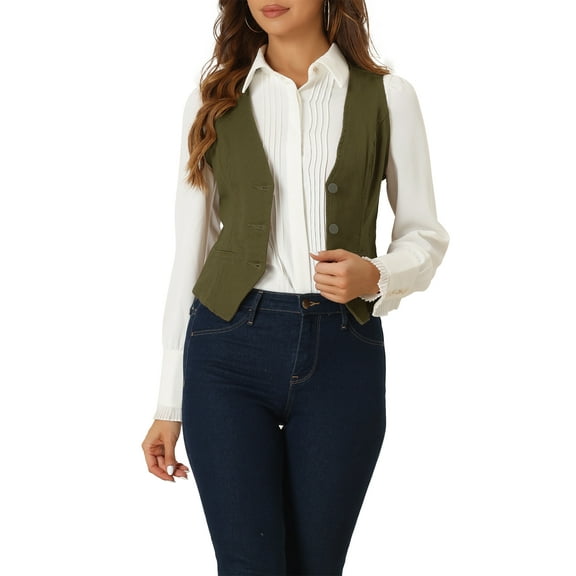 INSPIRE CHIC Women's Denim Vest V Neck Button Down Casual Jean Waistcoat Sleeveless Jakcet XS Army Green