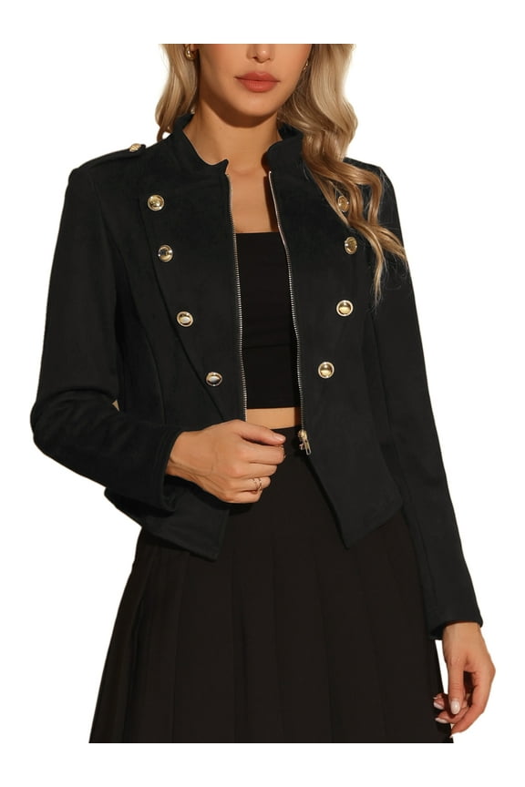 Women's Casual Vintage Button Decor Crop Steampunk Jacket S Black