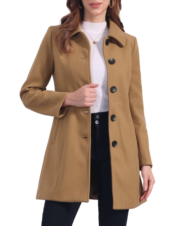Women's Coat Single Breasted Long Sleeve Tunic-length Winter Outwear with Pockets L Camel