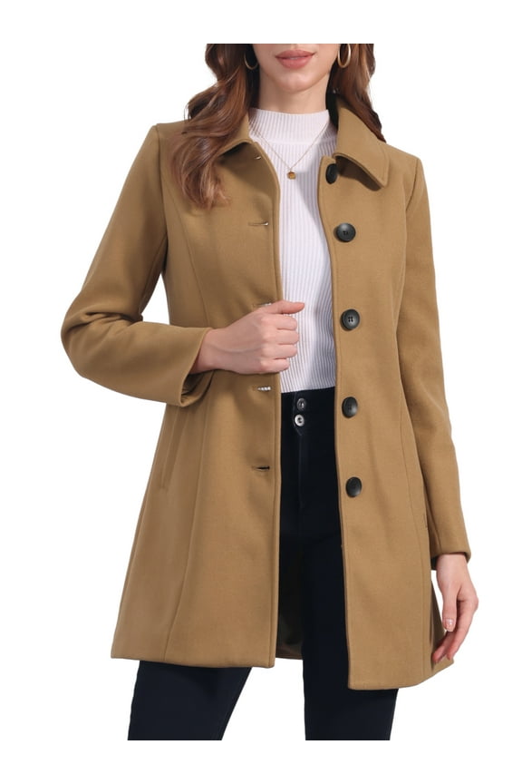 Women's Coat Single Breasted Long Sleeve Tunic-length Winter Outwear with Pockets M Camel