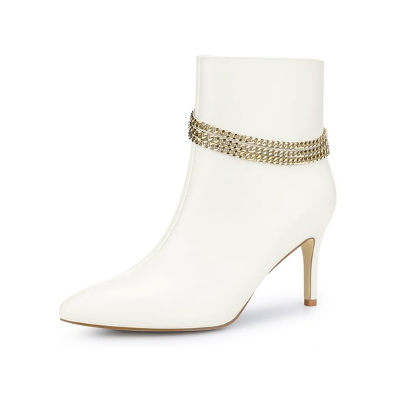 BLISSFUL STEP Women's Chain Pointy Toe Side Zipper Stiletto Heel Ankle Boots Cream 8