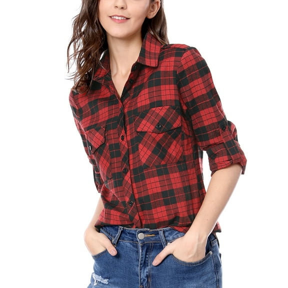 INSPIRE CHIC Women's Plaid Roll up Long Sleeves Single Breasted Shirt with Brushed Flap Pockets S Black Red