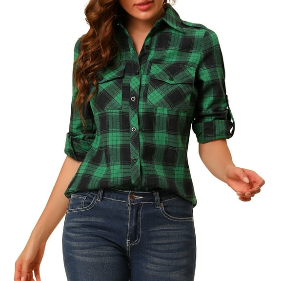 INSPIRE CHIC Women's Plaid Roll up Long Sleeves Single Breasted Shirt with Brushed Flap Pockets M Green