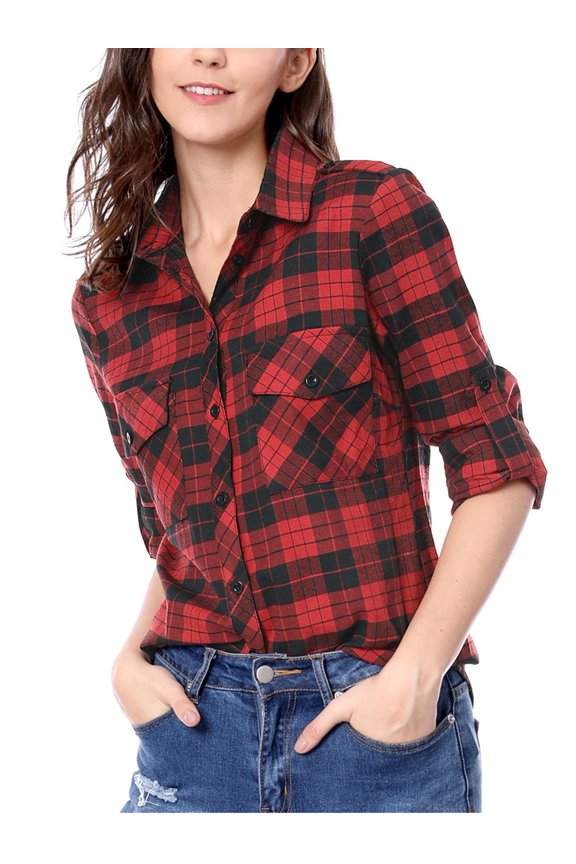 Women's Plaid Roll up Long Sleeves Single Breasted Shirt with Brushed Flap Pockets XS Black Red
