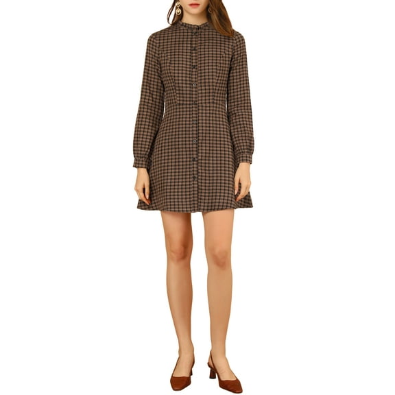 INSPIRE CHIC Women's Gingham Print Ruffle Mock Neck Button Down Long Sleeves Dresses S Brown