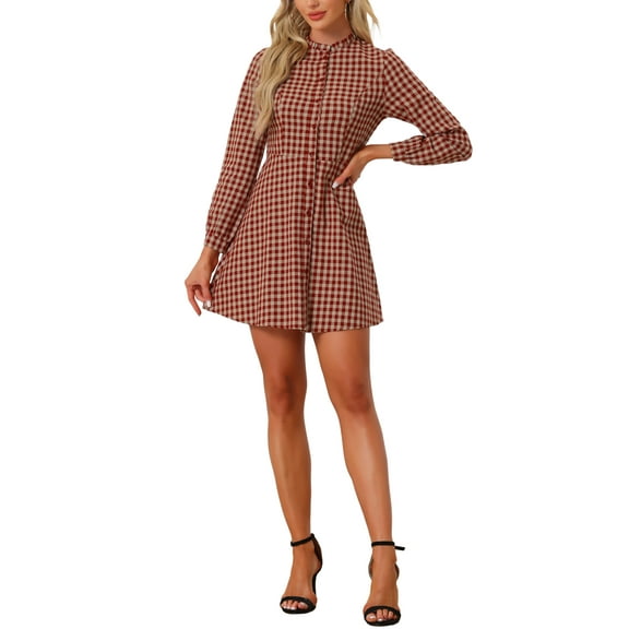 INSPIRE CHIC Women's Gingham Print Ruffle Mock Neck Button Down Long Sleeves Dresses XS Beige Red
