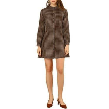 Allegra K Women's Check Ruffle Neck Button Down Long Sleeve A-Line Dresses XS Brown